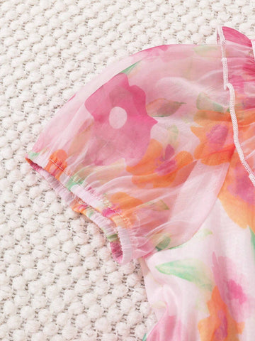 Girls" Fashionable Doll Collar Short Sleeve Floral Printed Dress For Summer Parties And Holidays