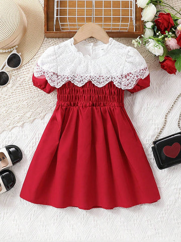 Girls' Fashionable Elegant Lace Patchwork Short Sleeve Dress For Summer Party