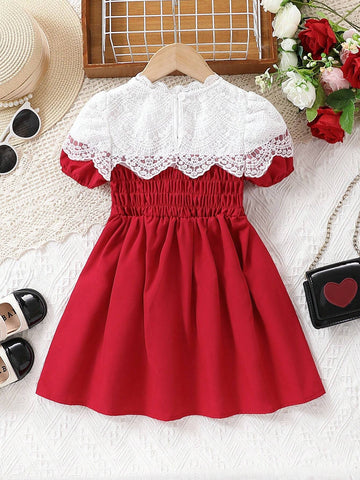 Girls' Fashionable Elegant Lace Patchwork Short Sleeve Dress For Summer Party