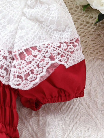 Girls' Fashionable Elegant Lace Patchwork Short Sleeve Dress For Summer Party