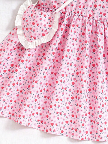 Girls" Fashionable Flower Printed Sleeveless Dress With Lantern Sleeves And Heart-Shaped Bag, 2pcs/Set For Summer Parties