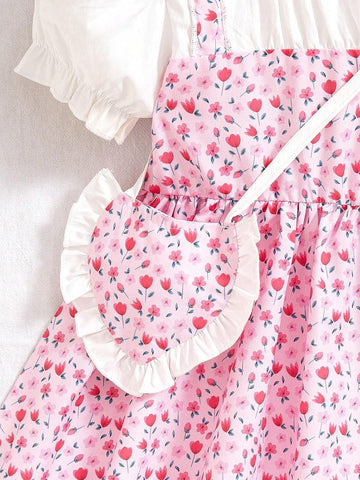 Girls" Fashionable Flower Printed Sleeveless Dress With Lantern Sleeves And Heart-Shaped Bag, 2pcs/Set For Summer Parties