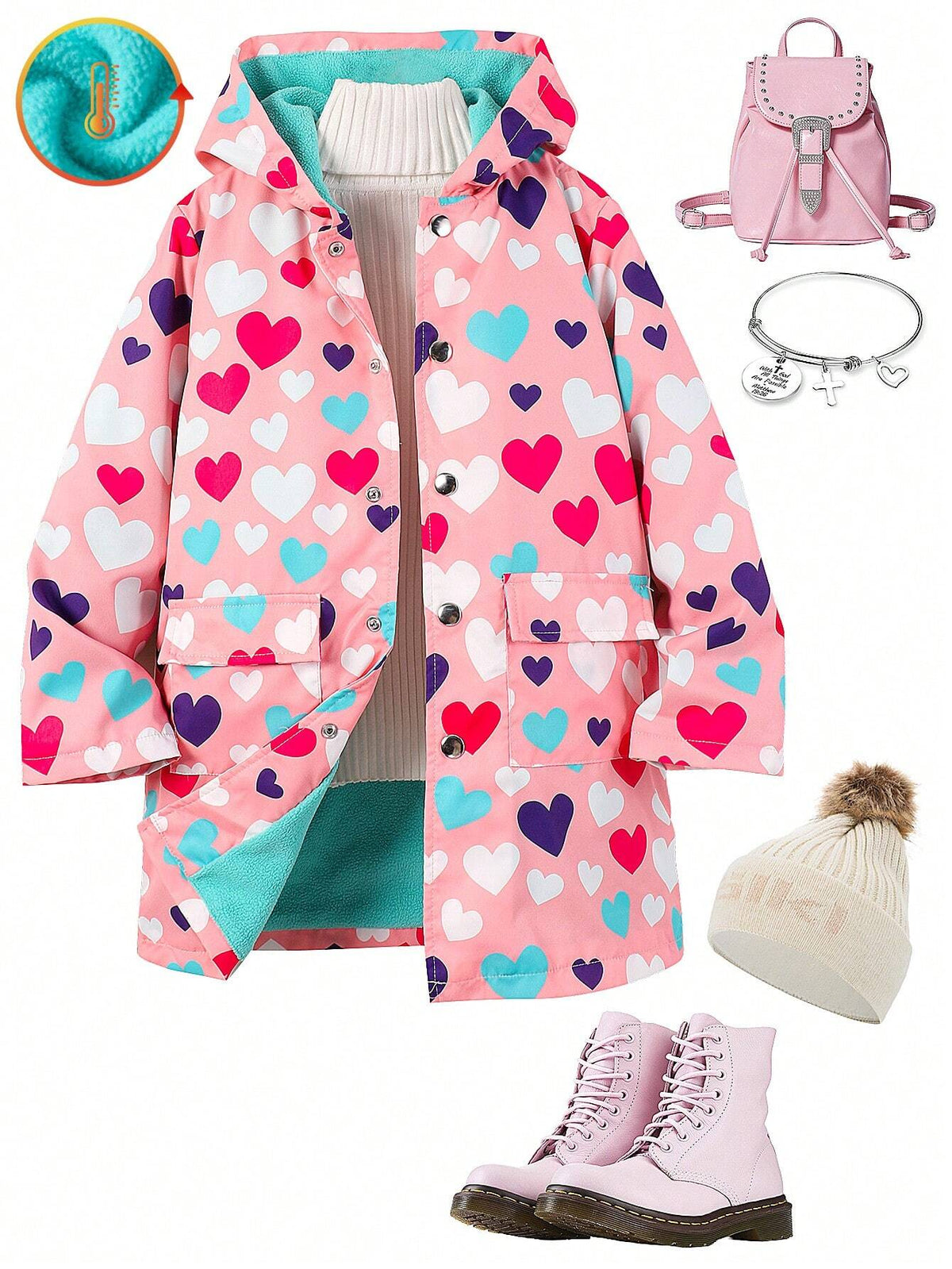 Girls' Fashionable Heart Print Fleece Windbreaker Jacket