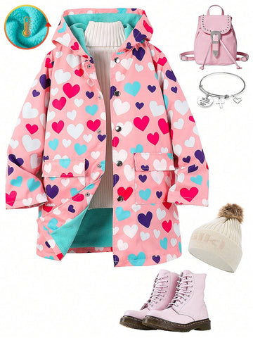 Girls' Fashionable Heart Print Fleece Windbreaker Jacket