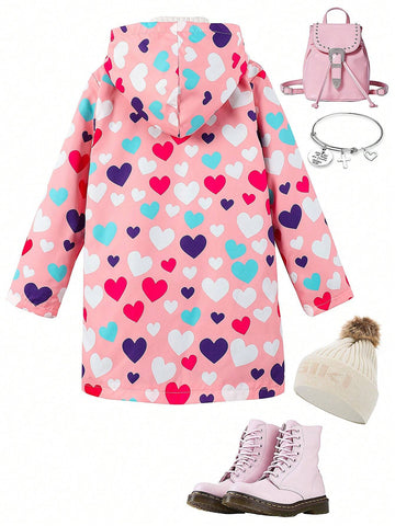 Girls' Fashionable Heart Print Fleece Windbreaker Jacket