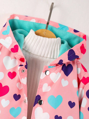 Girls' Fashionable Heart Print Fleece Windbreaker Jacket