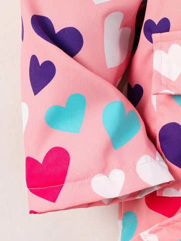Girls' Fashionable Heart Print Fleece Windbreaker Jacket