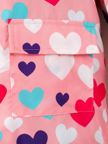 Girls' Fashionable Heart Print Fleece Windbreaker Jacket