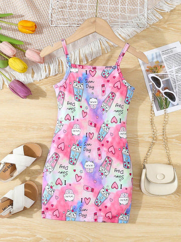 Girls' Fashionable Letter Printed Casual Sling Dress