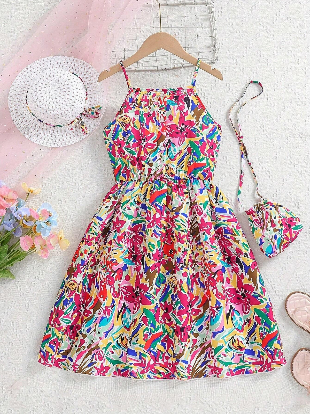 Girls' Fashionable Oil Painting Floral Printed Jumpsuit With Hat And Bag 3pcs/Set, Summer Outfits For Daily Wear