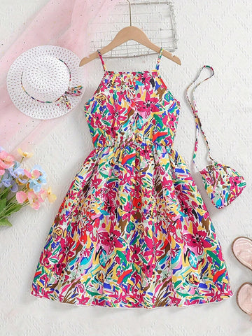 Girls' Fashionable Oil Painting Floral Printed Jumpsuit With Hat And Bag 3pcs/Set, Summer Outfits For Daily Wear