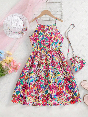 Girls' Fashionable Oil Painting Floral Printed Jumpsuit With Hat And Bag 3pcs/Set, Summer Outfits For Daily Wear