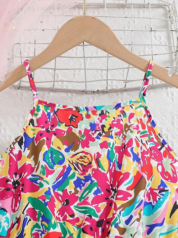 Girls' Fashionable Oil Painting Floral Printed Jumpsuit With Hat And Bag 3pcs/Set, Summer Outfits For Daily Wear