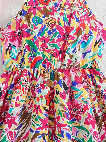 Girls' Fashionable Oil Painting Floral Printed Jumpsuit With Hat And Bag 3pcs/Set, Summer Outfits For Daily Wear