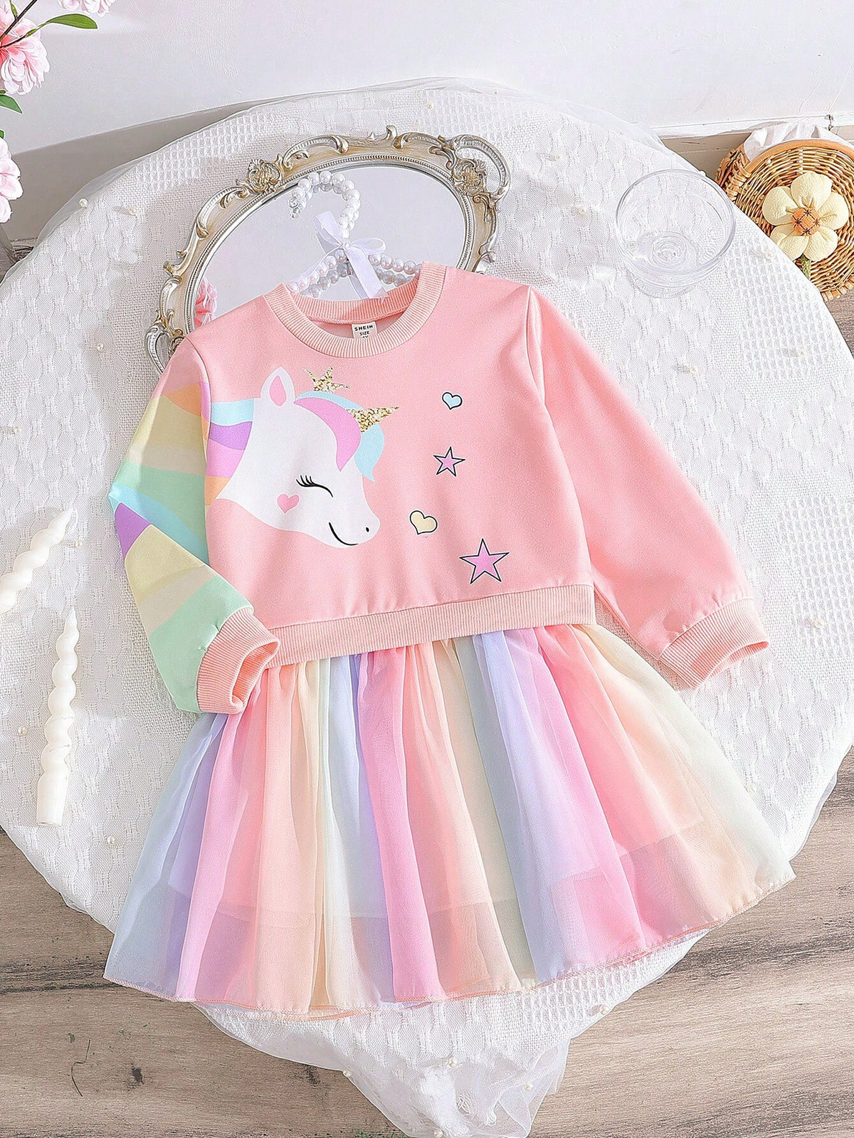 Girls Fashionable Princess Fairytale Cartoon Print Patchwork Rainbow Hem Dress For Spring & Autumn