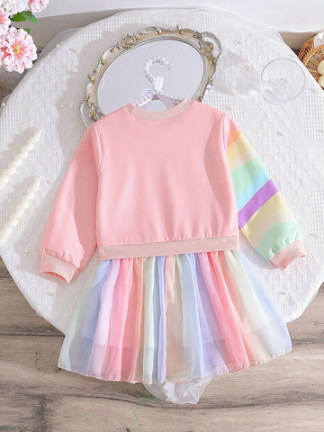 Girls Fashionable Princess Fairytale Cartoon Print Patchwork Rainbow Hem Dress For Spring & Autumn
