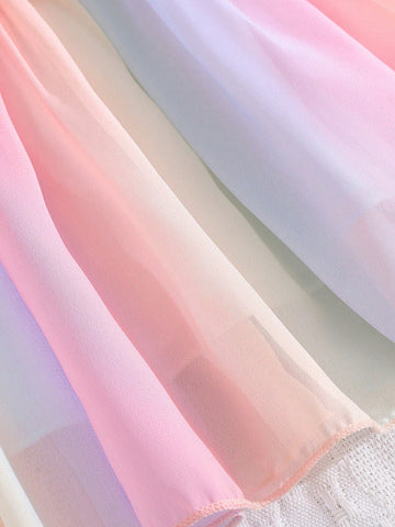 Girls Fashionable Princess Fairytale Cartoon Print Patchwork Rainbow Hem Dress For Spring & Autumn