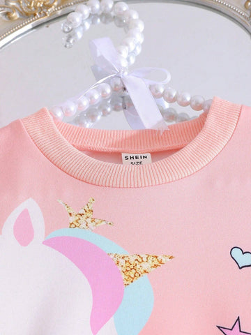 Girls Fashionable Princess Fairytale Cartoon Print Patchwork Rainbow Hem Dress For Spring & Autumn