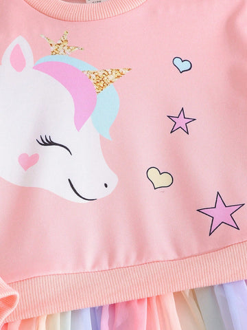 Girls Fashionable Princess Fairytale Cartoon Print Patchwork Rainbow Hem Dress For Spring & Autumn