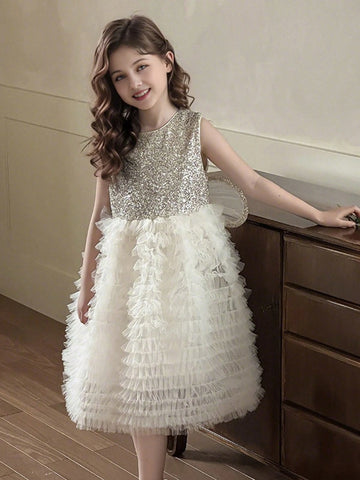 Girls' Fashionable Sequin & Mesh Patchwork Princess Dress With Wing Detail, Summer