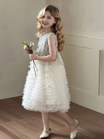 Girls' Fashionable Sequin & Mesh Patchwork Princess Dress With Wing Detail, Summer