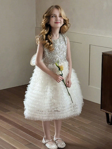 Girls' Fashionable Sequin & Mesh Patchwork Princess Dress With Wing Detail, Summer