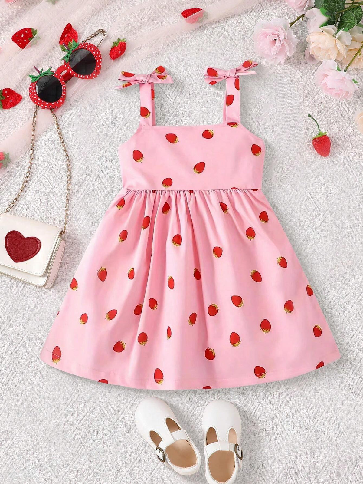 Girls' Fashionable Strawberry Woven Printed Sundress, Summer, Elegant & Cute Baby Sleeveless Dress