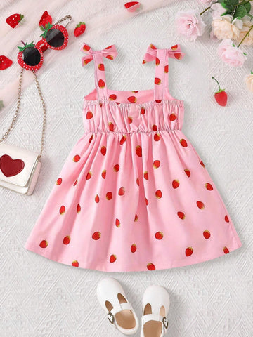 Girls' Fashionable Strawberry Woven Printed Sundress, Summer, Elegant & Cute Baby Sleeveless Dress