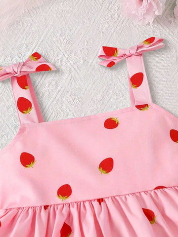 Girls' Fashionable Strawberry Woven Printed Sundress, Summer, Elegant & Cute Baby Sleeveless Dress