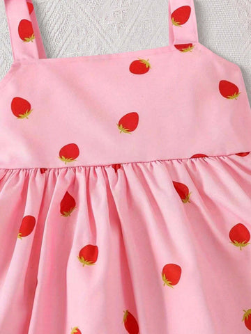Girls' Fashionable Strawberry Woven Printed Sundress, Summer, Elegant & Cute Baby Sleeveless Dress