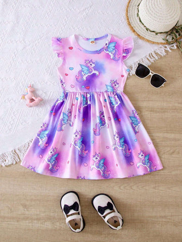 Girls' Fashionable Unicorn Printed Dress, Tie-Dye Midi Dress With Short Flutter Sleeves And Flared Skirt, Top-Grade Children's Clothing For Spring/Summer