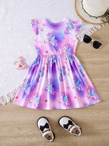 Girls' Fashionable Unicorn Printed Dress, Tie-Dye Midi Dress With Short Flutter Sleeves And Flared Skirt, Top-Grade Children's Clothing For Spring/Summer