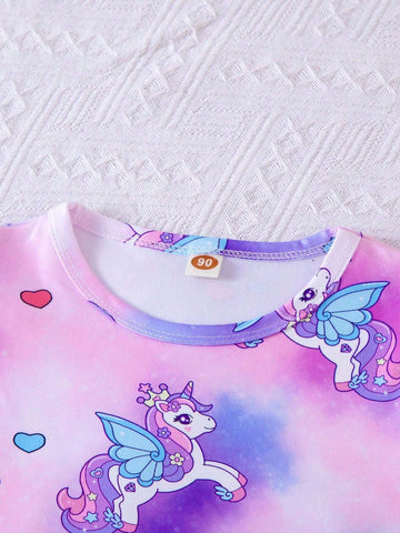 Girls' Fashionable Unicorn Printed Dress, Tie-Dye Midi Dress With Short Flutter Sleeves And Flared Skirt, Top-Grade Children's Clothing For Spring/Summer