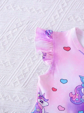 Girls' Fashionable Unicorn Printed Dress, Tie-Dye Midi Dress With Short Flutter Sleeves And Flared Skirt, Top-Grade Children's Clothing For Spring/Summer