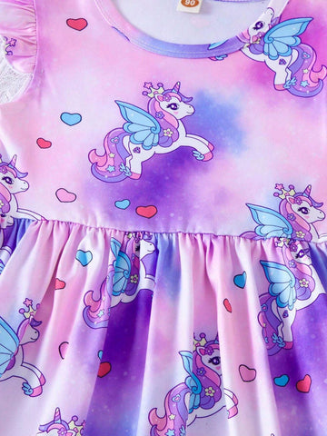 Girls' Fashionable Unicorn Printed Dress, Tie-Dye Midi Dress With Short Flutter Sleeves And Flared Skirt, Top-Grade Children's Clothing For Spring/Summer