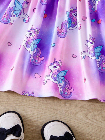 Girls' Fashionable Unicorn Printed Dress, Tie-Dye Midi Dress With Short Flutter Sleeves And Flared Skirt, Top-Grade Children's Clothing For Spring/Summer