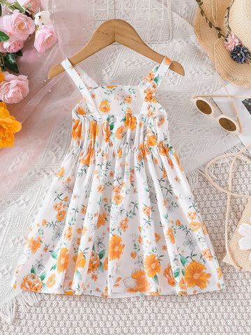 Girls' Fashionable Yellow Bowknot Strap Dress
