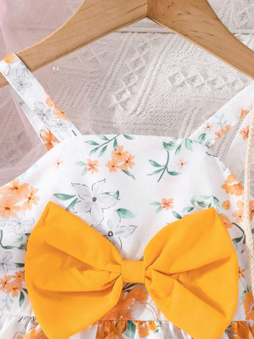 Girls' Fashionable Yellow Bowknot Strap Dress