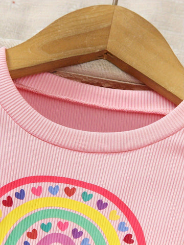 Girls' Fashionable & Cute Princesss Dress With Rainbow & Heart Print Mesh Skirt, Spring/Summer 2025 New Arrival