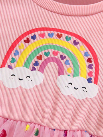 Girls' Fashionable & Cute Princesss Dress With Rainbow & Heart Print Mesh Skirt, Spring/Summer 2025 New Arrival