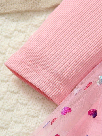 Girls' Fashionable & Cute Princesss Dress With Rainbow & Heart Print Mesh Skirt, Spring/Summer 2025 New Arrival
