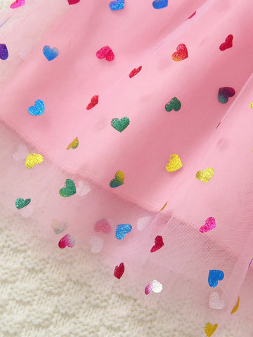 Girls' Fashionable & Cute Princesss Dress With Rainbow & Heart Print Mesh Skirt, Spring/Summer 2025 New Arrival