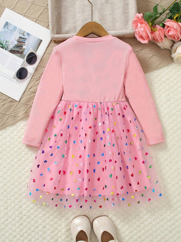 Girls' Fashionable & Cute Princesss Dress With Rainbow & Heart Print Mesh Skirt, Spring/Summer 2025 New Arrival