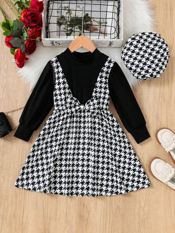 Girls Faux 2-Piece Houndstooth Patchwork + Houndstooth Beret