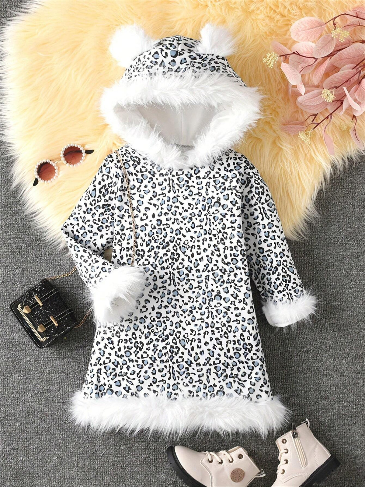 Girls Faux Fur Ear Headband Leopard Print Long Sleeve Dress For Halloween & Christmas