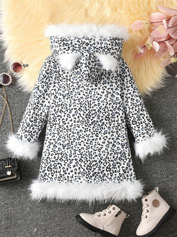 Girls Faux Fur Ear Headband Leopard Print Long Sleeve Dress For Halloween & Christmas