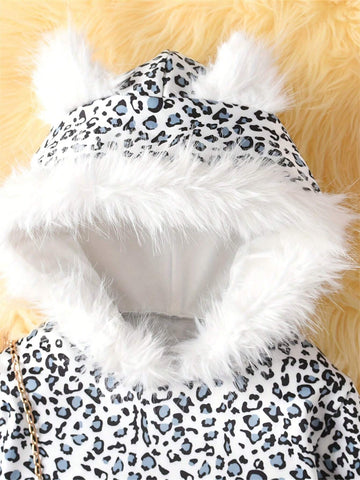 Girls Faux Fur Ear Headband Leopard Print Long Sleeve Dress For Halloween & Christmas