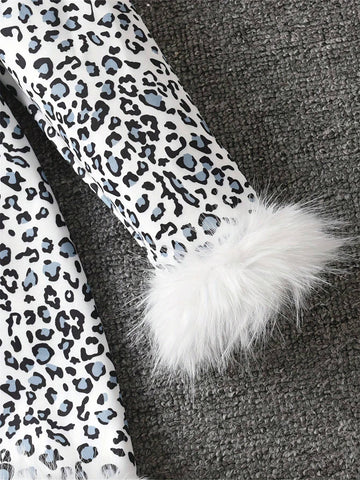 Girls Faux Fur Ear Headband Leopard Print Long Sleeve Dress For Halloween & Christmas