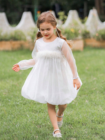 Girls' Feather Long Sleeve Tulle Flower Dress
