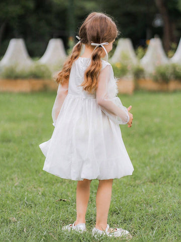 Girls' Feather Long Sleeve Tulle Flower Dress